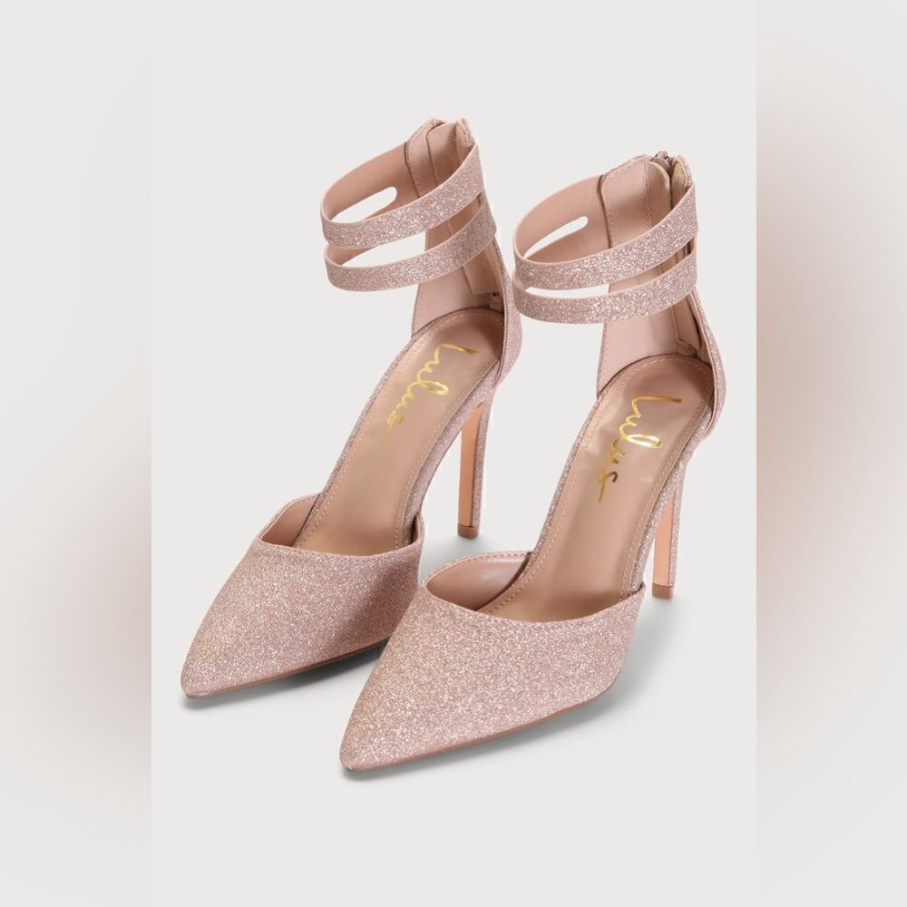 NWT Billyy Rose Gold Glitter Pointed-Toe Ankle Strap Heels, size 8.5.